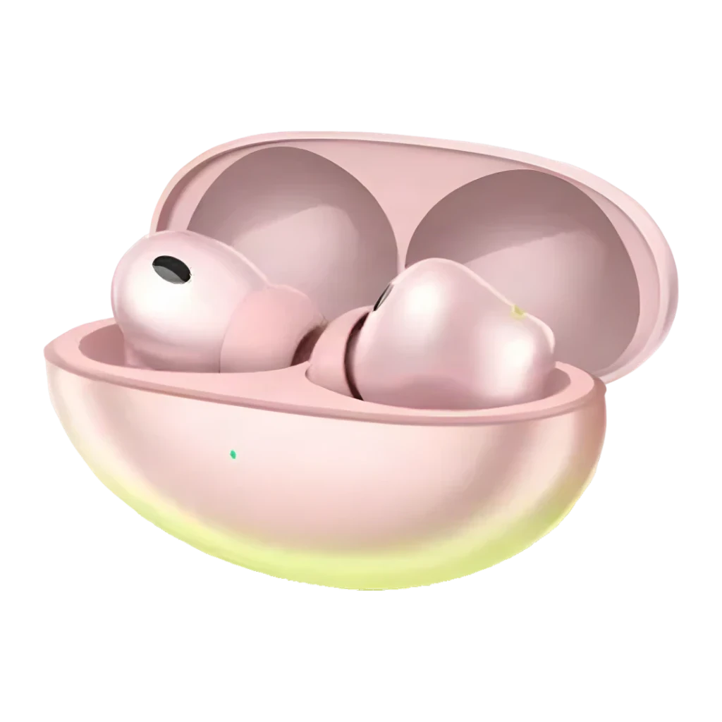 Estuche rosa brillante con dos auriculares in-ear TWS color rosa, diseño compacto y curvo, indicador LED frontal y acabado suave tipo perla