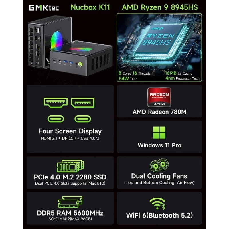 GMKtec NucBox K11 Ryzen 9 8945HS/16Go DDR5/1To SSD Win 11 Noir - Mini PC Gaming - Ítem2