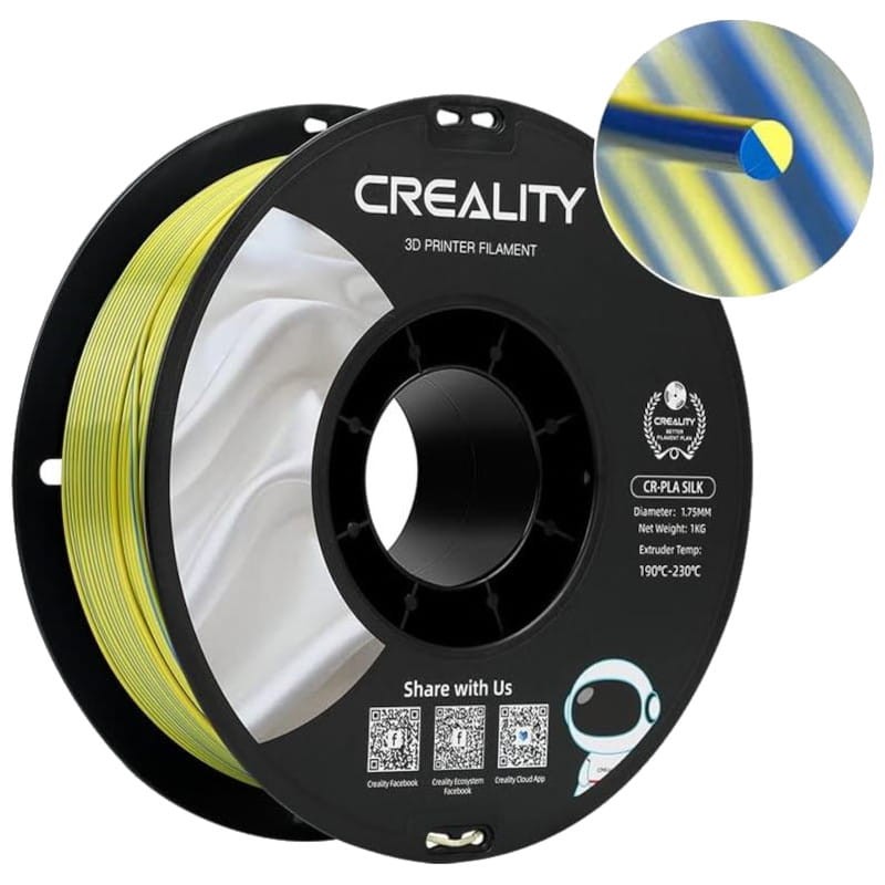 Filamento Creality PLA CR-Silk - 1.75mm - Con Textura Sedosa Y Brillante Y Tacto Suave - Velocidad de impresión hasta 100mm/s - Bobina de 1kg Color Amarillo y Azul - Compatible con impresoras 3D FDM - Ítem