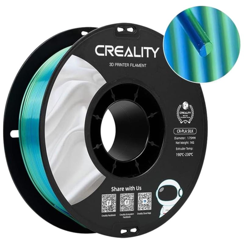 Filamento Creality PLA CR-Silk - 1.75mm - Con Textura Sedosa Y Brillante Y Tacto Suave - Velocidad de impresión hasta 100mm/s - Bobina de 1kg Color Azul y Verde - Compatible con impresoras 3D FDM - Ítem