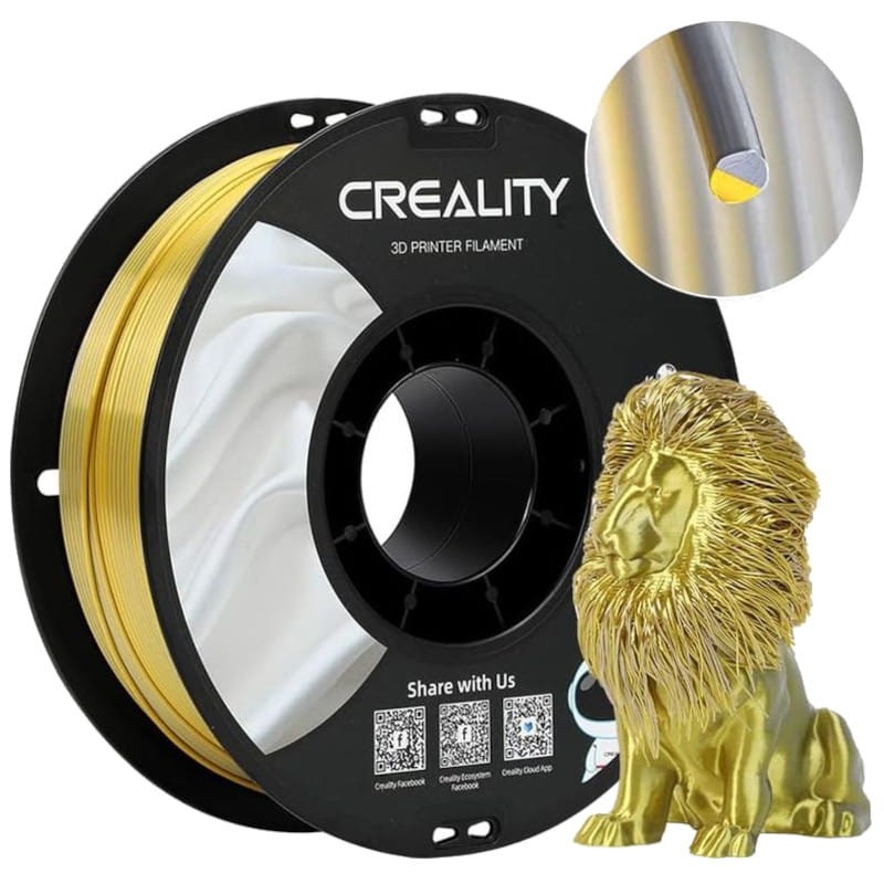 Filamento Creality PLA CR-Silk - 1.75mm - Con Textura Sedosa Y Brillante Y Tacto Suave - Velocidad de impresión hasta 100mm/s - Bobina de 1kg Color Oro/Plata - Compatible con impresoras 3D FDM - Ítem