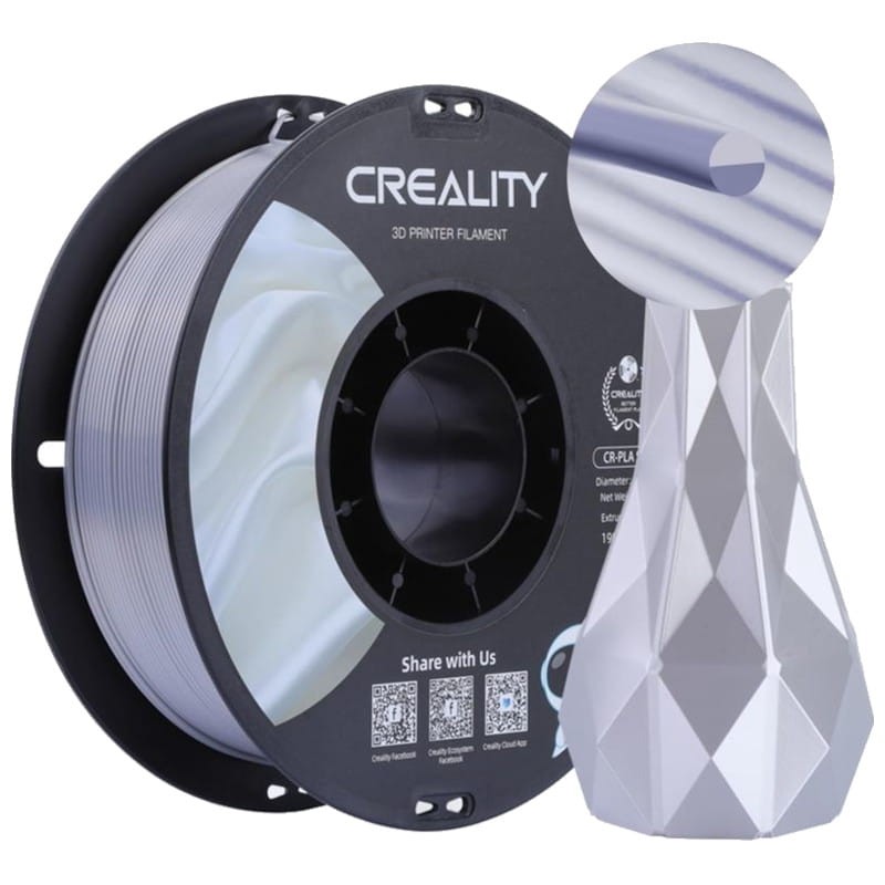 Filamento Creality PLA CR-Silk - 1.75mm - Con Textura Sedosa Y Brillante Y Tacto Suave - Velocidad de impresión hasta 100mm/s - Bobina de 1kg Color Plateado - Compatible con impresoras 3D FDM - Ítem