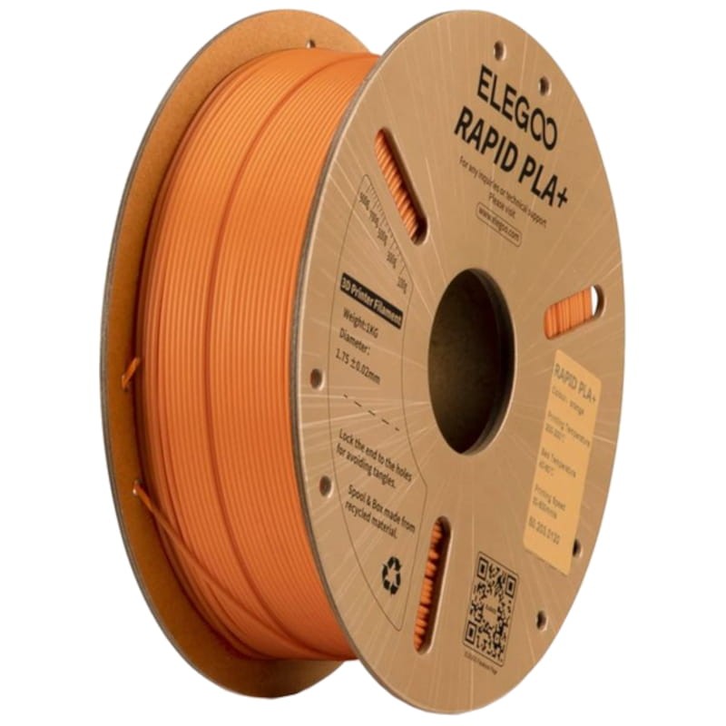 Filament ELEGOO Rapid PLA + (PLUS) - 1,75 mm - Impression haute vitesse jusqu'à 600 mm/s - Bobine de 1 kg Couleur Orange - Compatible avec les imprimantes 3D FDM - Ítem