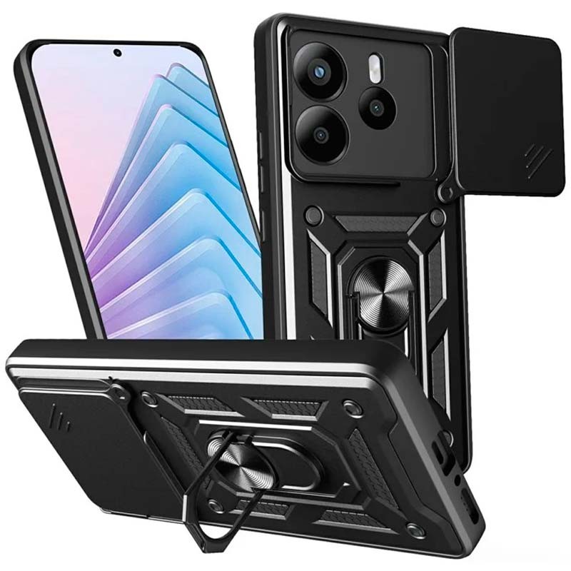 Coque d'armure militaire pour Xiaomi Redmi Note 14 5G avec protection de l'appareil photo, support métallique et anneau Noir - Ítem