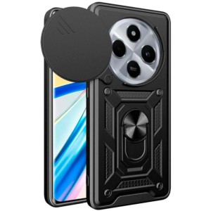 Coque d'armure militaire pour Xiaomi Redmi 14C 4G / Poco C75 avec protection de l'appareil photo, support métallique et anneau Noir