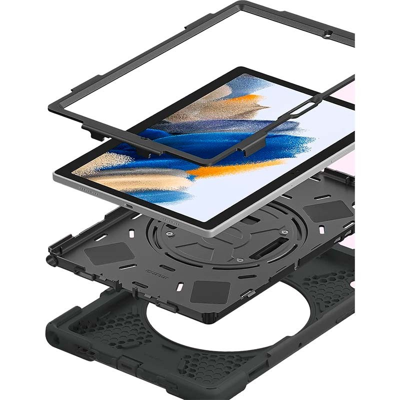 Coque Samsung Galaxy Tab A8 - Support rotatif - Dragonne de poignet - Noir