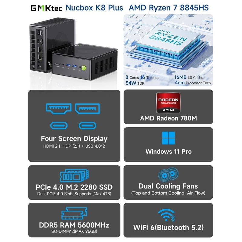 GMKtec NucBox K8 Plus Ryzen 7 8845HS/32GB/1TB/W11 Negro - Mini PC - Ítem1