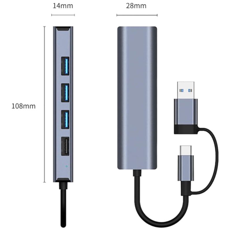 Hub USB BYL-2208 5 en 2 USB 3.0+Tipo-C/RJ45 (Gigabit)+USB 3.0+2.0 Gris - Ítem2