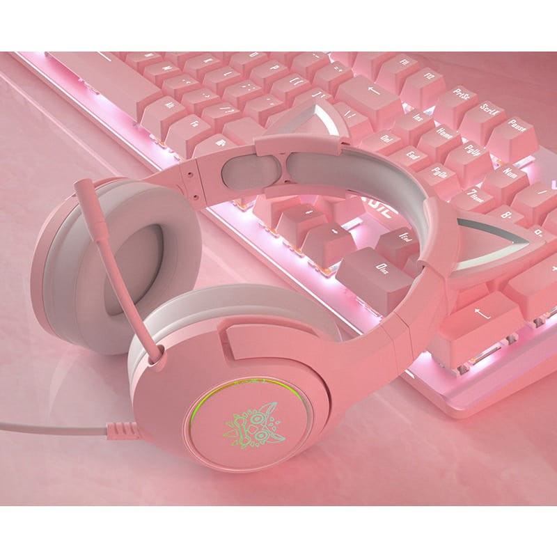 Auriculares Gamer Onikuma K9 Pink Orejas Gato Color Rosa Pc Play con Luz Led