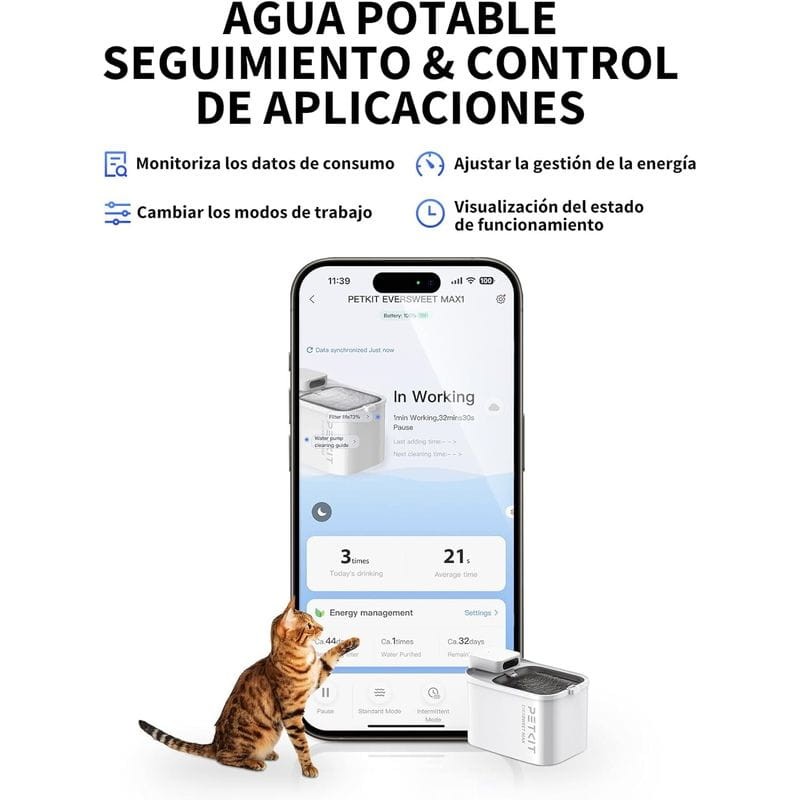 Fuente de Agua Inteligente Para Mascotas 3L - PETKIT Eversweet MAX  - Portable con Batería - Sensor de Movimiento - Control por APP - Ítem3