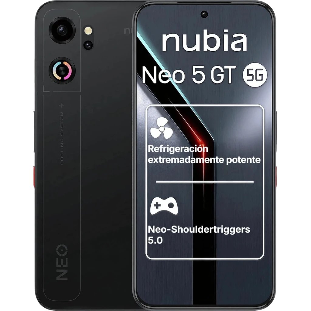 Nubia Neo 5 GT negro con pantalla perforada, diseño gamer, módulo de cámara dual, acentos rojos, texto 5G y panel que destaca refrigeración y gatillos 5.0