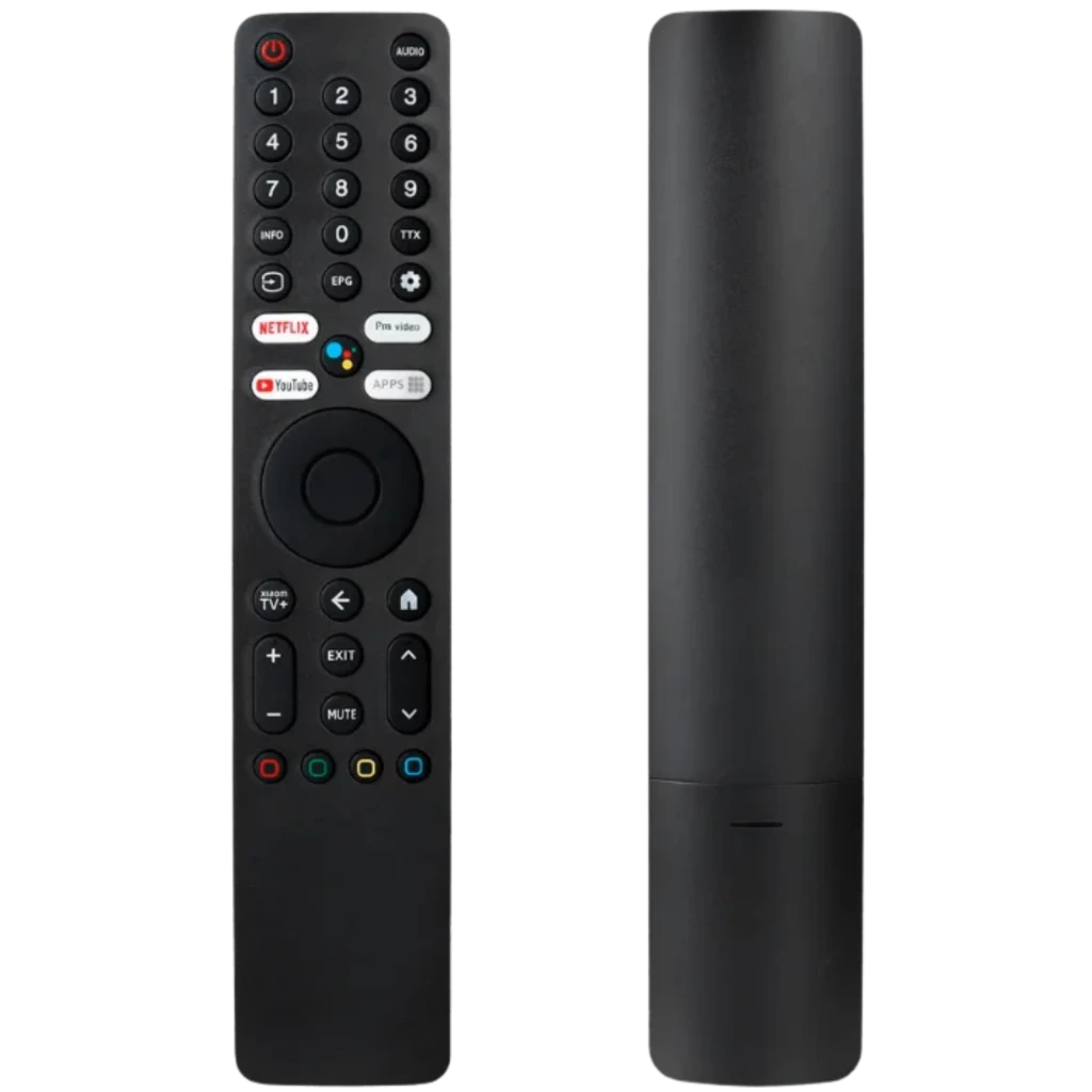 Mando Xiaomi Smart TV Original con Bluetooth y Google Assistant, diseño negro, botones dedicados a Netflix, Prime Video y YouTube, control de volumen y
