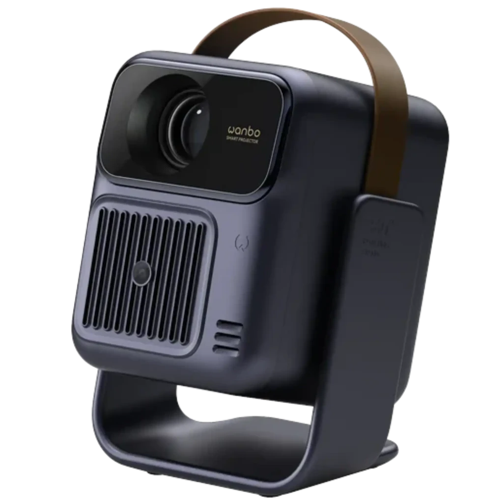 Proyector portátil Wanbo ToGo Pro 1080p, carcasa azul oscuro con asa marrón, lente frontal destacada y rejilla de ventilación grande para mejor enfriamiento