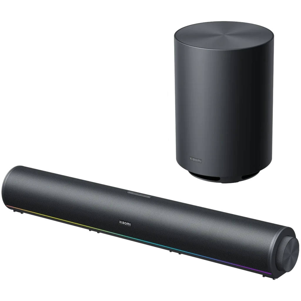 Altavoces Xiaomi Desktop Speaker Pro Set 2.1 con barra de sonido cilíndrica negra y subwoofer inalámbrico negro, rejilla metálica y luz LED RGB frontal