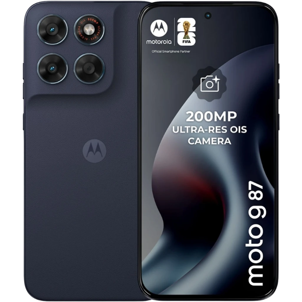 Motorola Moto G87 5G Overture con pantalla perforada, triple cámara trasera destacada y módulo grande; texto 200 MP en la pantalla, diseño azul mate