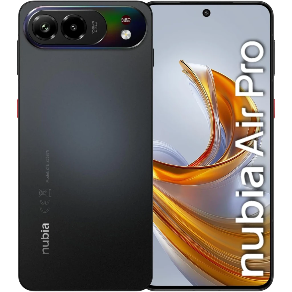 ZTE Nubia Air Pro 5G negro con pantalla AMOLED 6,78 punch hole 144 Hz, marcos finos, cámara trasera triple con módulo ovalado y logo nubia vertical