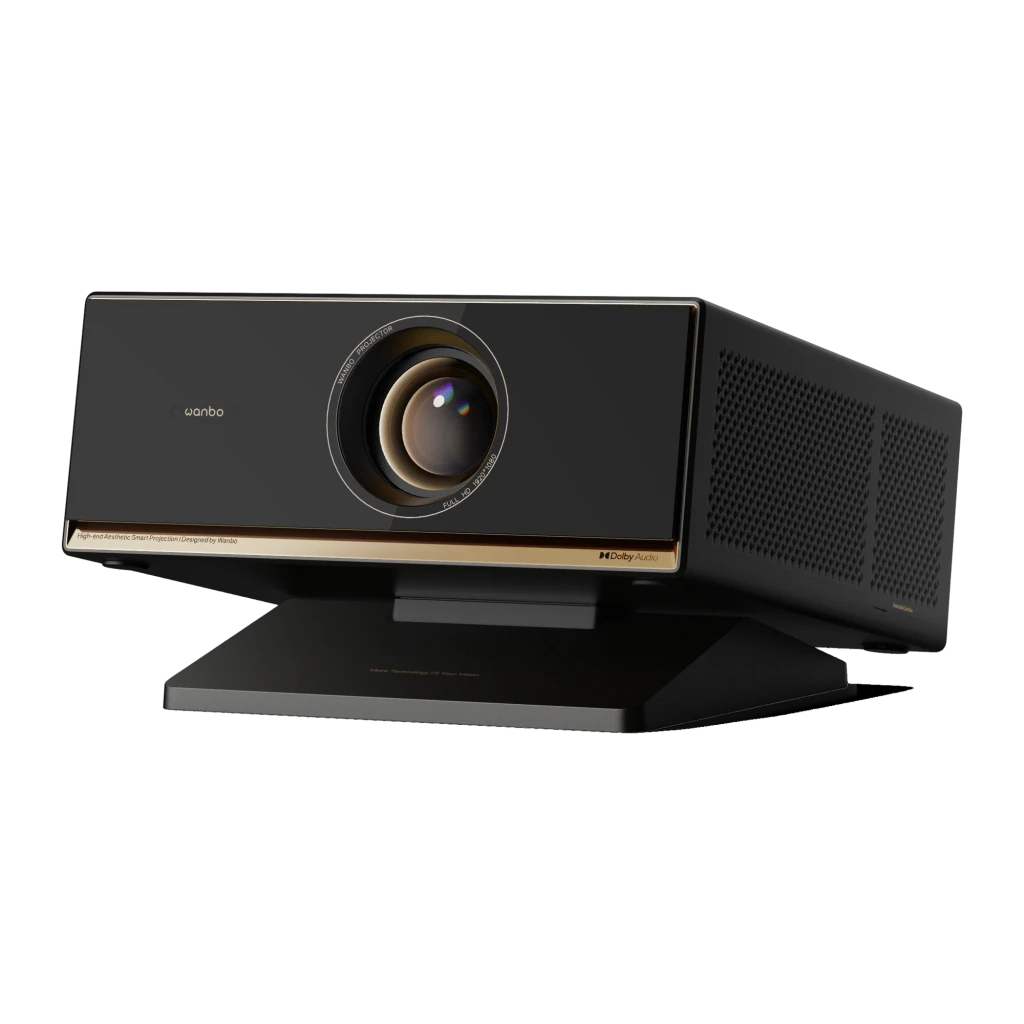 Proyector Wanbo X7 Pro Max 1080p Full HD con lente grande frontal, cuerpo negro con detalles dorados, rejillas laterales de ventilación y base inclinada
