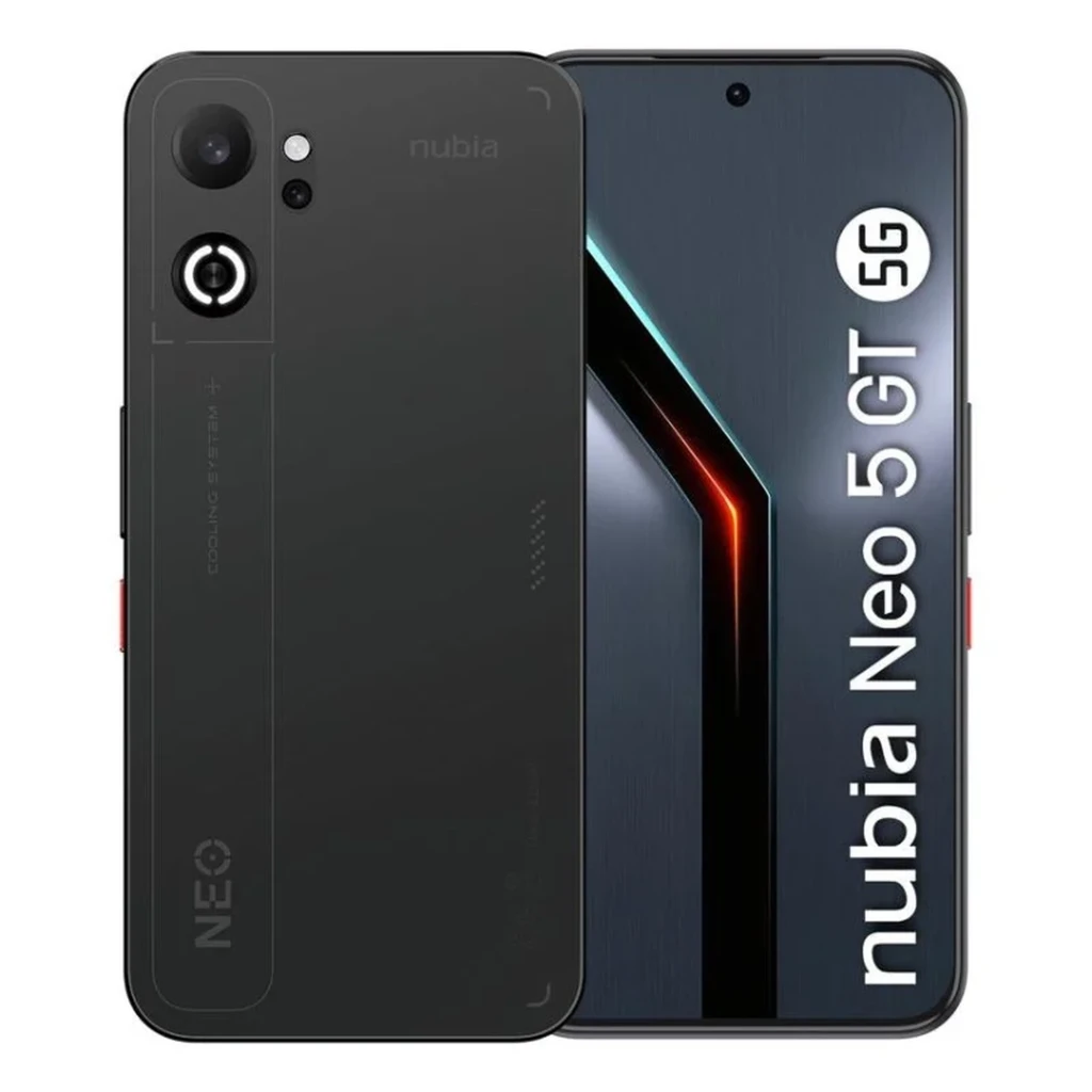 Nubia Neo 5 GT 256GB negro con diseño gaming, luces LED traseras, módulo de cámaras triple, pantalla perforada frontal y gatillos laterales rojos