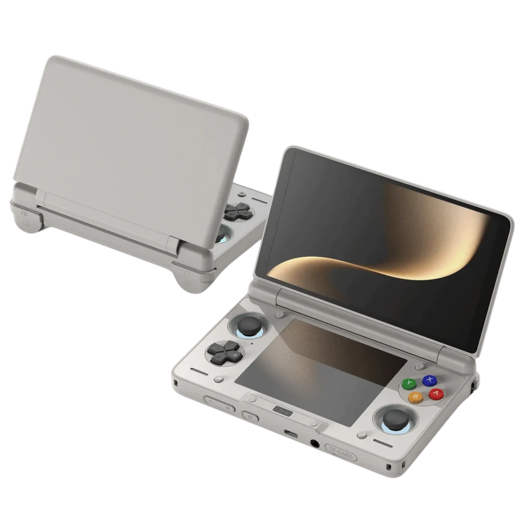 AYN Thor Grey Rainbow 16GB/512GB con pantalla dual plegable, carcasa gris, joysticks duales, cruceta, botones ABXY de colores y altavoces frontales