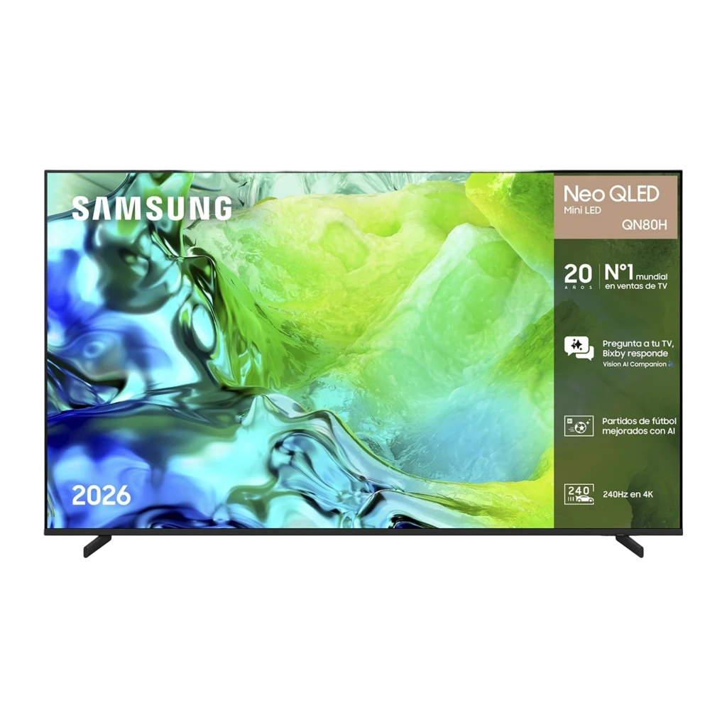 Samsung TQ65QN80H 65" Neo QLED 4K negro, vista frontal: pantalla con contenido colorido, marco fino y pies