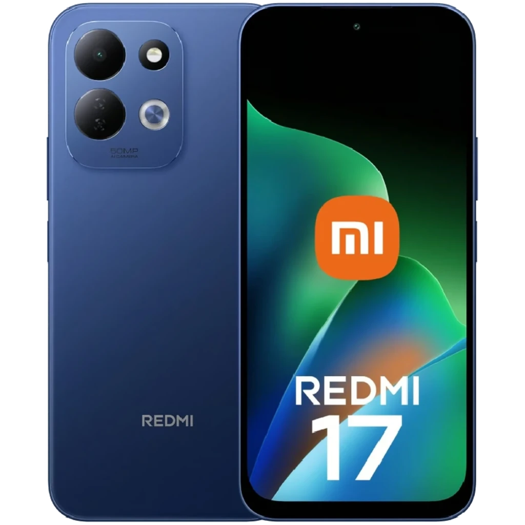 Xiaomi Redmi 17 4G azul con pantalla IPS LCD de 6,9 pulgadas, frontal con biseles finos y trasera con doble cámara grande y flash circular