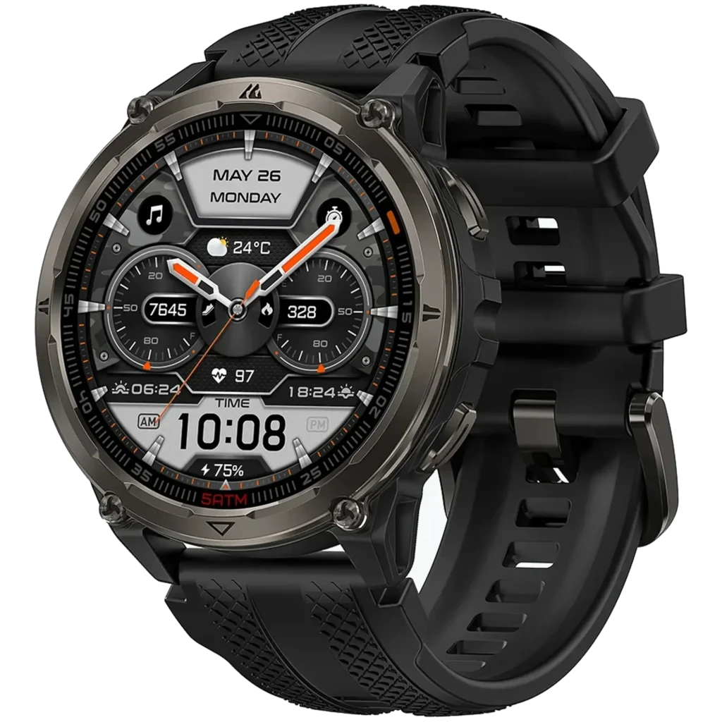 Reloj inteligente Kospet Orb 2 negro con correa de silicona, bisel metálico robusto, pantalla circular con esferas deportivas, botones laterales y hebilla