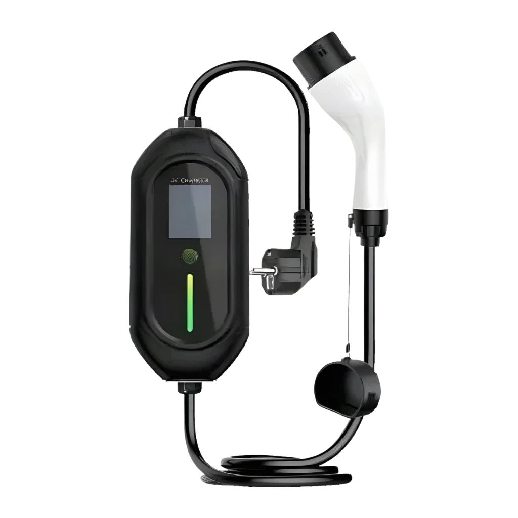 Cargador Vehículo Eléctrico OEM Portátil EV Tipo 2 16A 3.5kW Schuko 5M LCD, vista frontal: caja negra con pantalla LCD