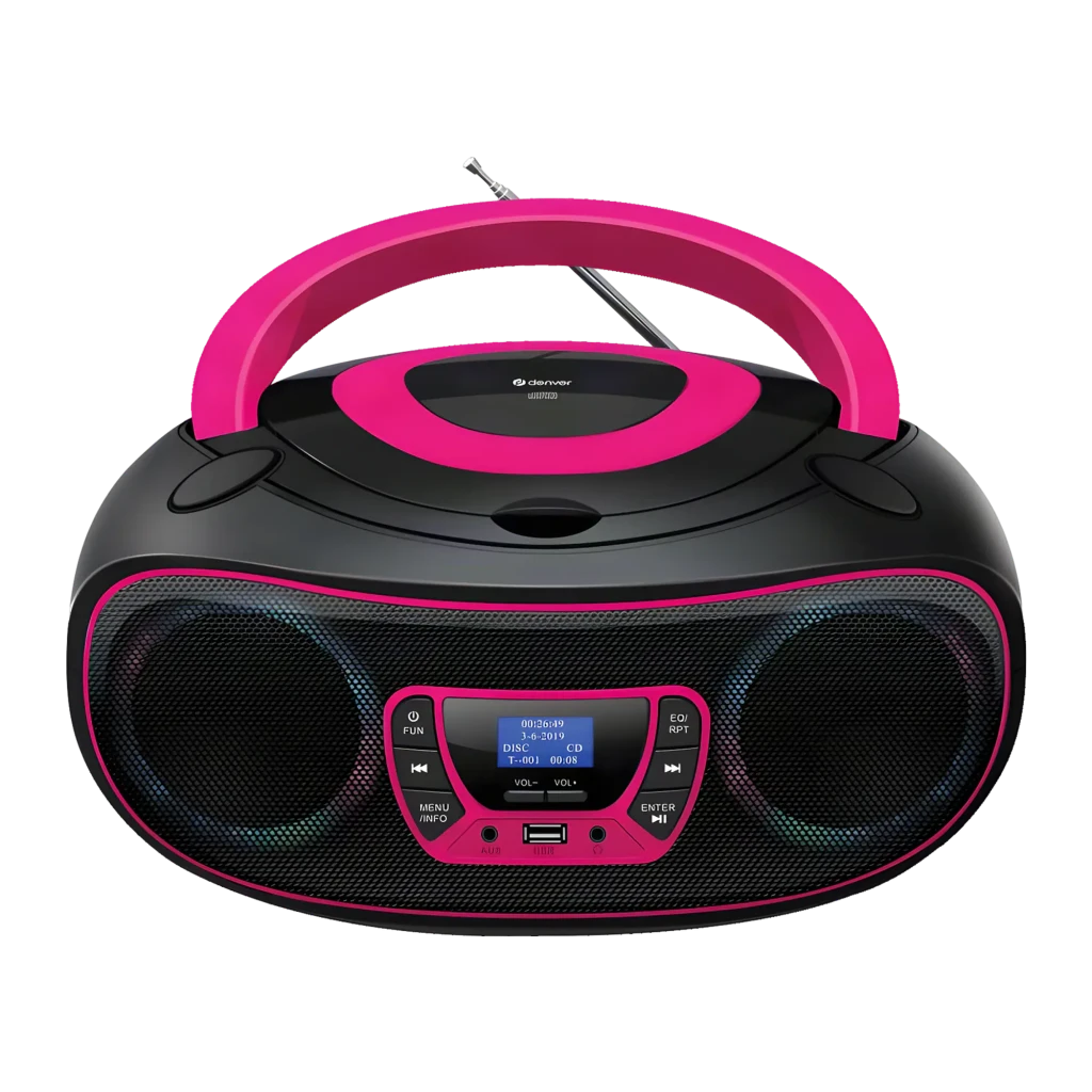 Boombox Denver DAB+, FM Batería o red Bluetooth, USB, CD, AUX Rosa TDB-212P, vista frontal: asa rosa, altavoces