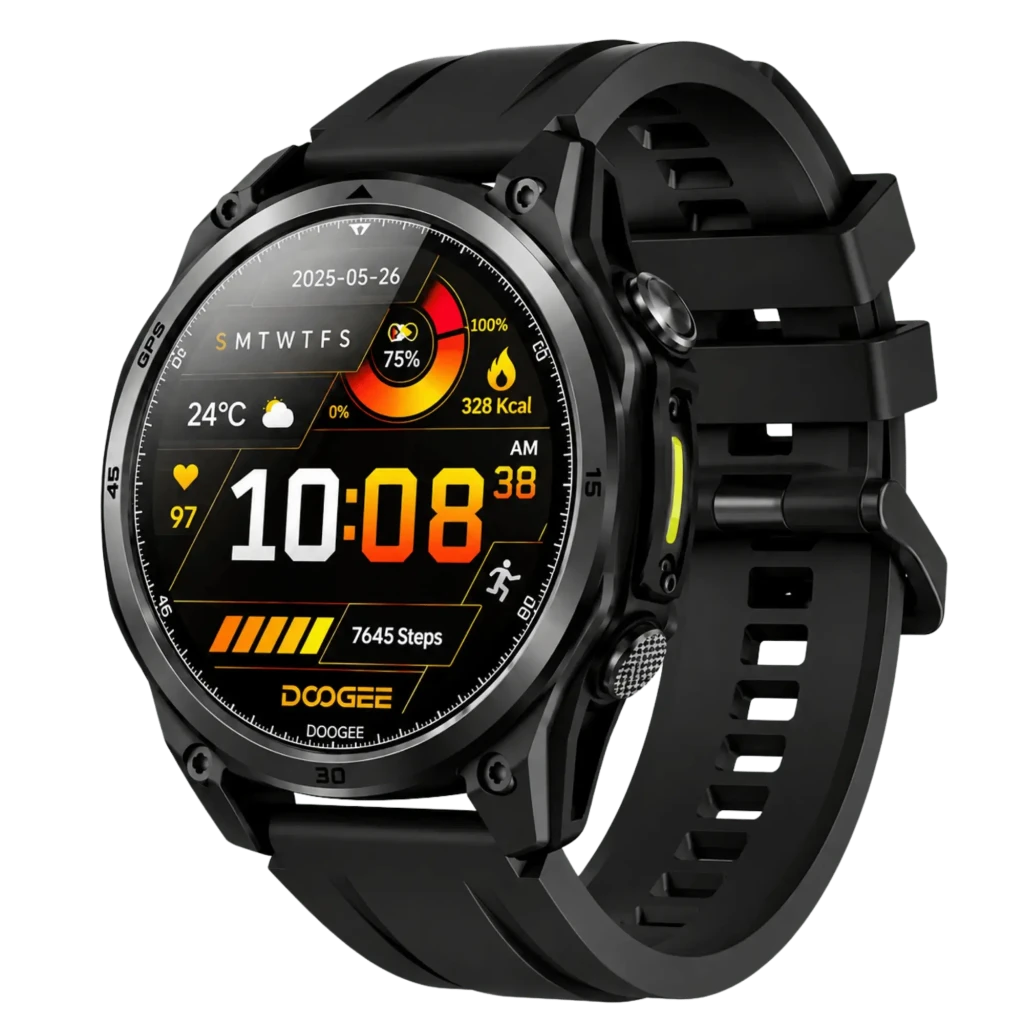 Doogee Anywise W1 en plata, reloj robusto con pantalla circular, correa de silicona gris, botones laterales, GPS L1+L5, linterna LED y batería hasta 18 días