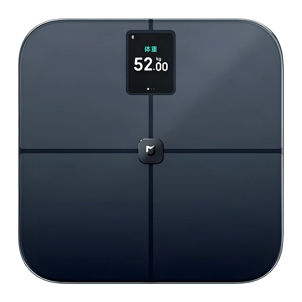 Báscula inteligente Xiaomi Body Composition Scale S400 Pro en negro, pantalla digital centrada con peso 52 kg, superficie de vidrio mate y líneas de