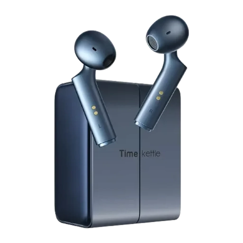 Auriculares Traductores Timekettle W4 Plus Azul con estuche magnético, diseño in-ear ergonómico, acabado metálico azul y pines de carga visibles en cada