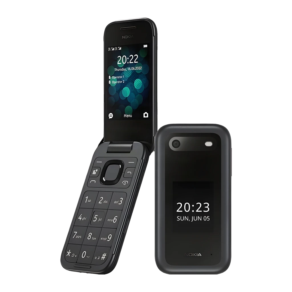 Nokia 2660 TA-1474 4G DS Negro tipo flip con doble pantalla, teclado grande con botones elevados, cámara trasera, diseño compacto y acabado negro mate