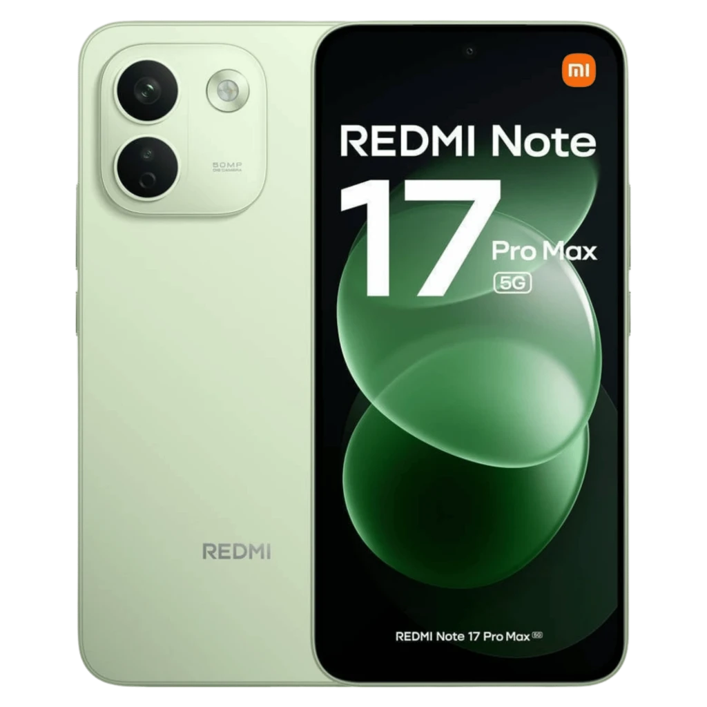 Xiaomi Redmi Note 17 Pro Max 5G verde con pantalla amplia y bordes finos, módulo trasero con doble cámara grande y flash, acabado mate elegante