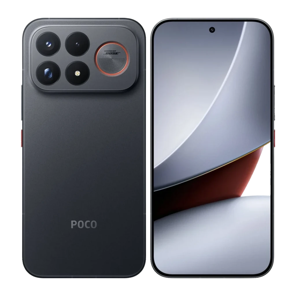 Xiaomi POCO F9 Ultra 5G negro con pantalla perforada y módulo de cámara triple grande; anillo rojo en lente periscópica 5x OIS; acabado mate elegante