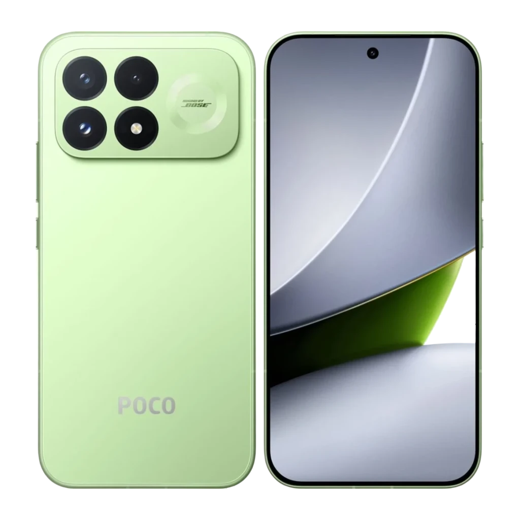 Xiami POCO F9 Pro verde con 3 cámaras traseras grandes y módulo cuadrado, pantalla frontal sin bordes con perforación central, acabado mate elegante