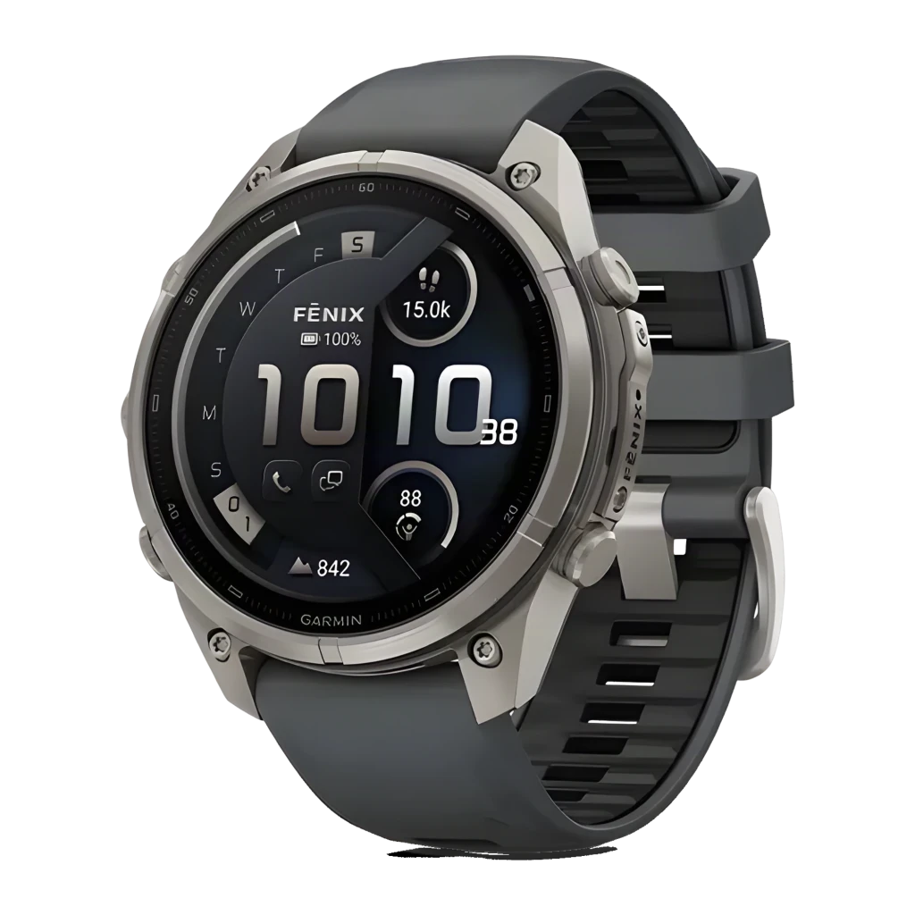Garmin Fenix 9 Pro 47mm 64GB Grafito/Negro, vista en ángulo: pantalla AMOLED encendida con datos, caja titanio y correa