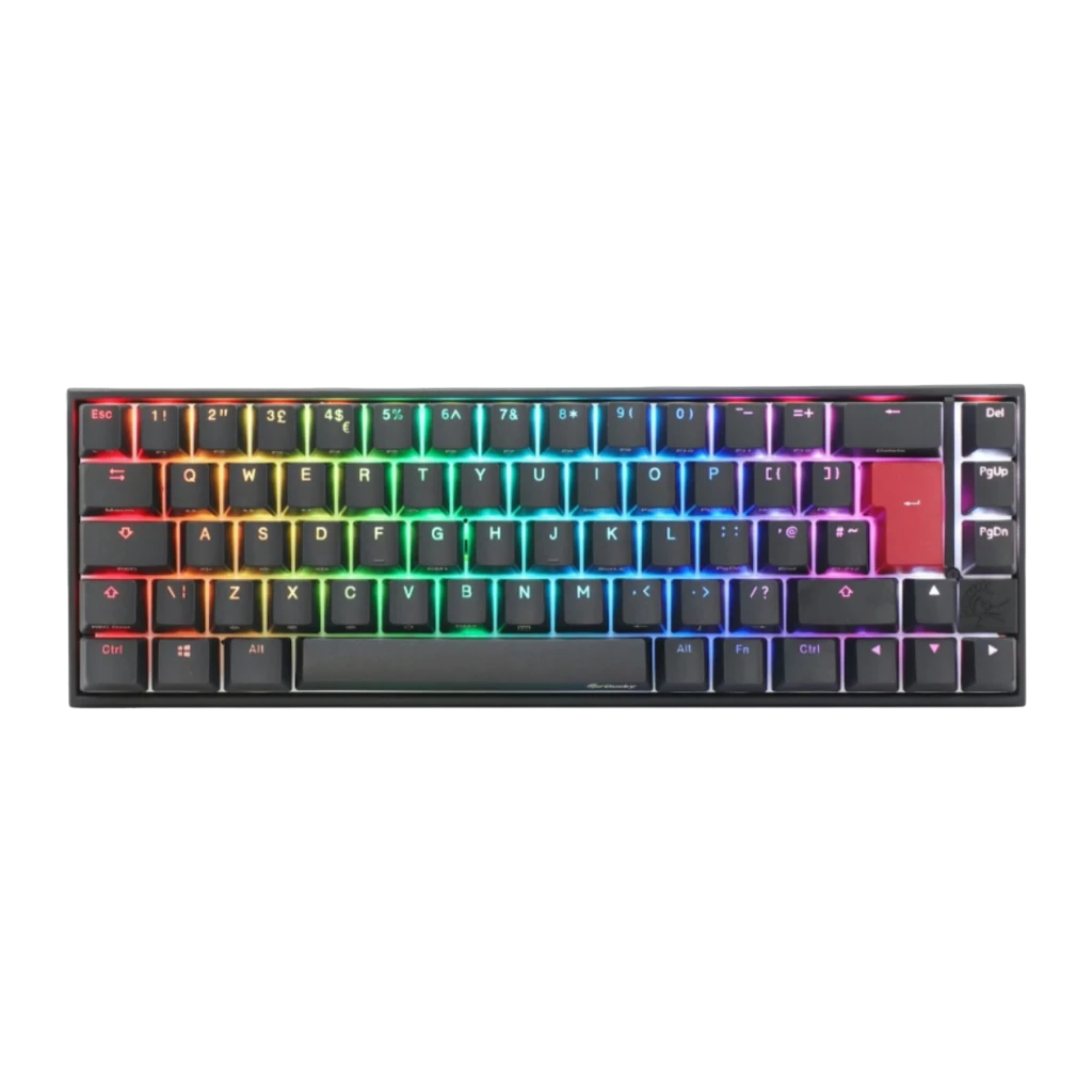Ducky Mecha Pro SF RGB MX Black negro, vista superior: teclas negras con retroiluminación RGB arcoíris y tecla Enter roja