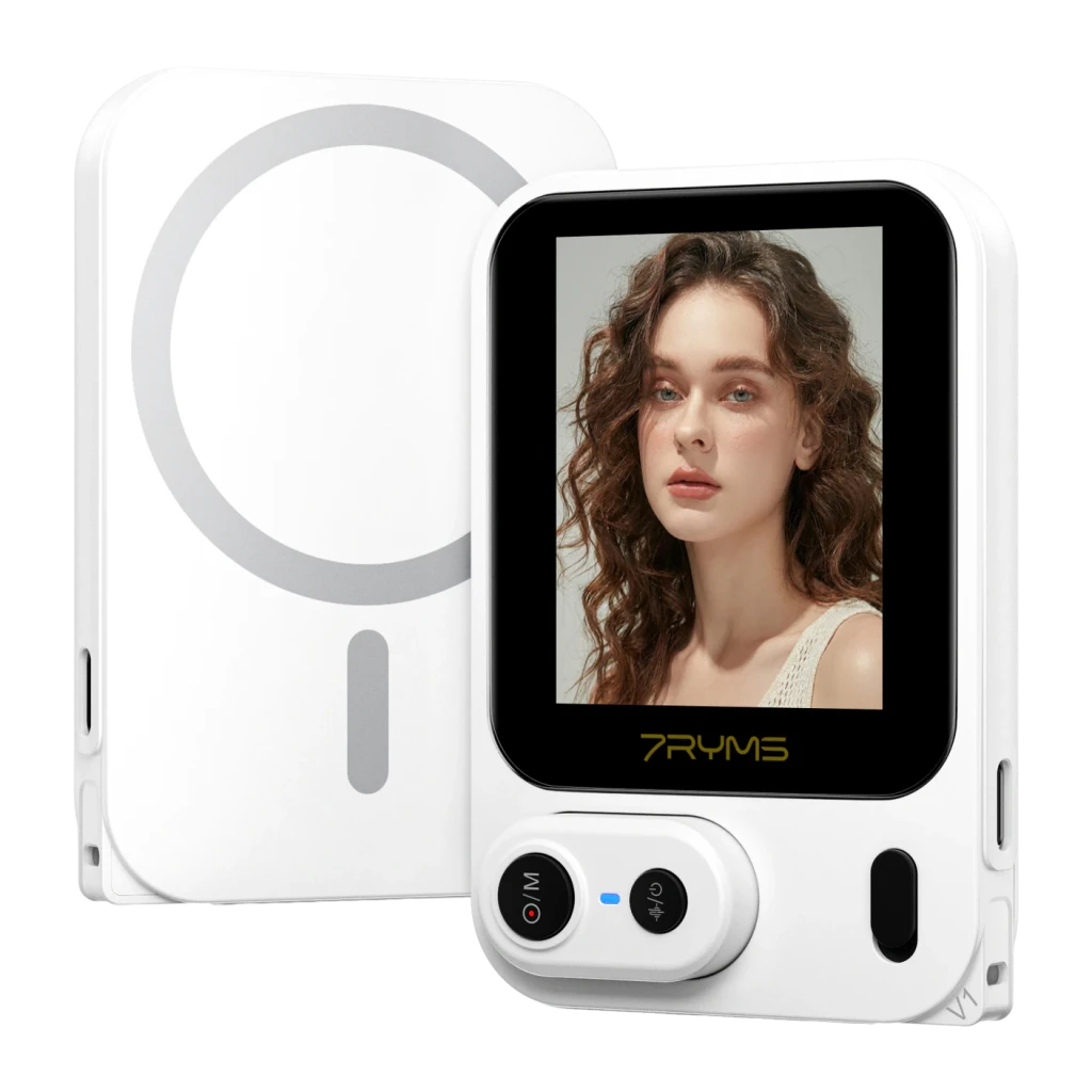 Monitor selfie 7RYMS Qshot V1 Blanco 4K60 con cable / 4K30 inalámbrico USB-C, vista frontal y trasera: pantalla activa