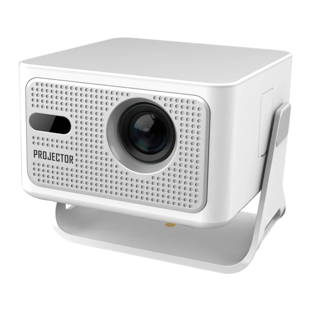 Proyector Magcubic HY320 MAX blanco con cuerpo compacto, lente frontal grande, rejilla perforada y base ajustable para orientación estable y moderna