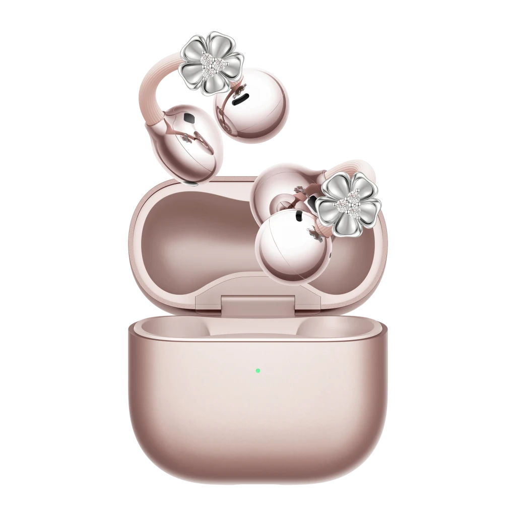 Auriculares Huawei FreeClip 2 Flower Edition Open-Ear Bluetooth 38h Oro Rosa, vista frontal: estuche abierto con auriculares
