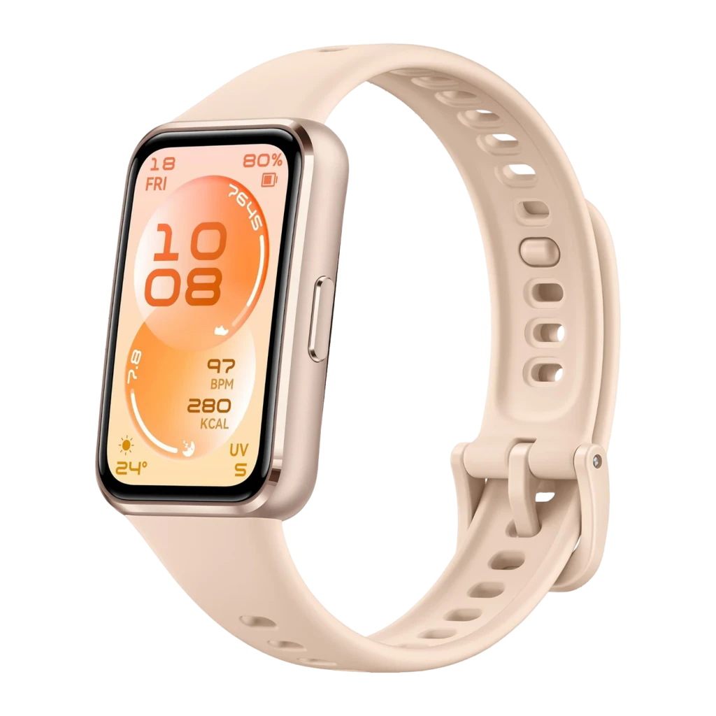 Huawei Band 11 Beige Frecuencia cardíaca, SpO2 Batería 14 Días 5ATM, vista frontal en ángulo: pantalla con hora, BPM