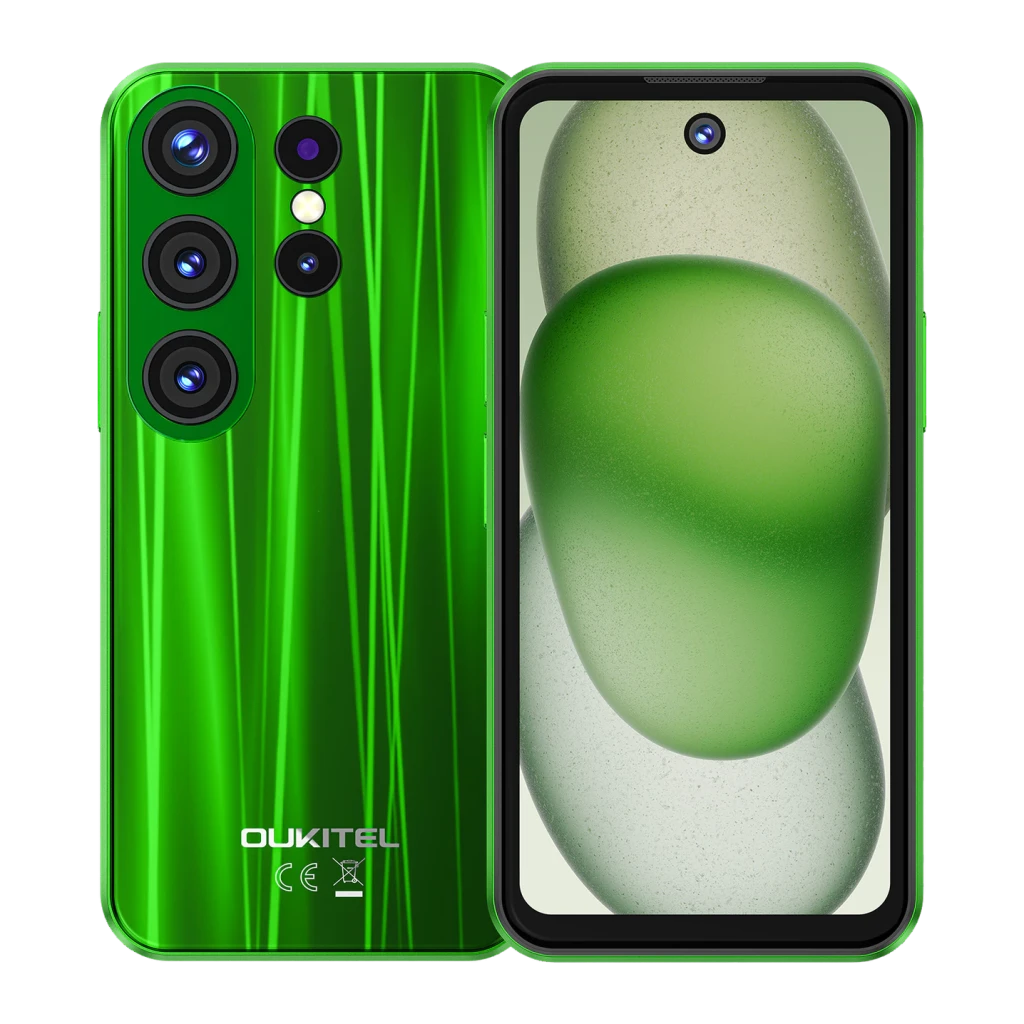 Oukitel C26 Mini Verde con carcasa brillante y triple cámara trasera, flash dual, pantalla 4 pulgadas con biseles delgados y cámara frontal en agujero central