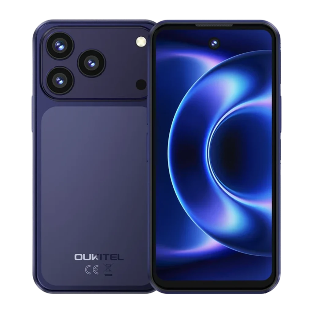 Oukitel C17 Mini azul con pantalla full view y perforación central, triple cámara trasera con flash, bordes redondeados y acabado mate resistente IP68 IP69K