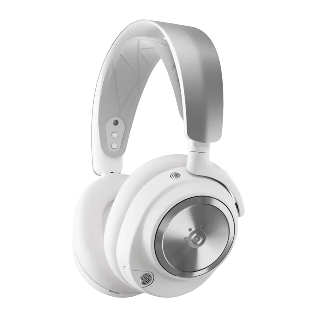 SteelSeries Arctis Nova Pro Blanco, vista lateral: copa metálica con logo, diadema acolchada y botones laterales