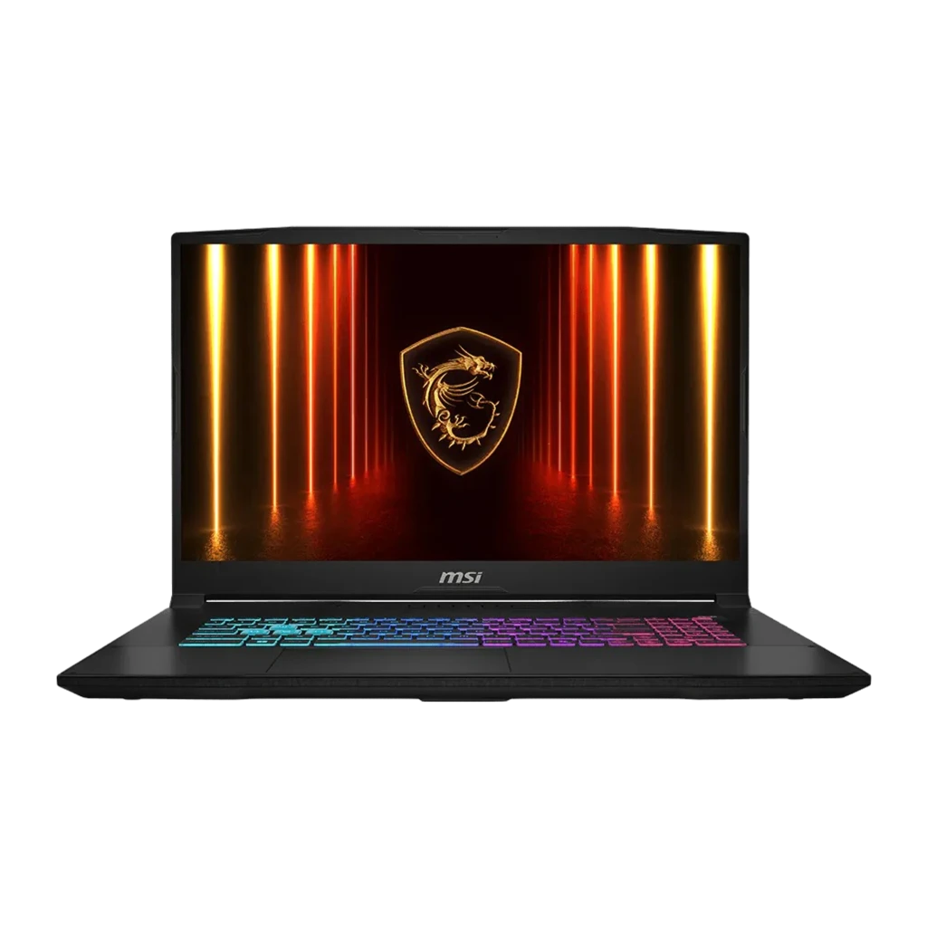 MSI Portatil 17-221XES 1TB negro, vista frontal: pantalla con logo dragón y teclado RGB multicolor