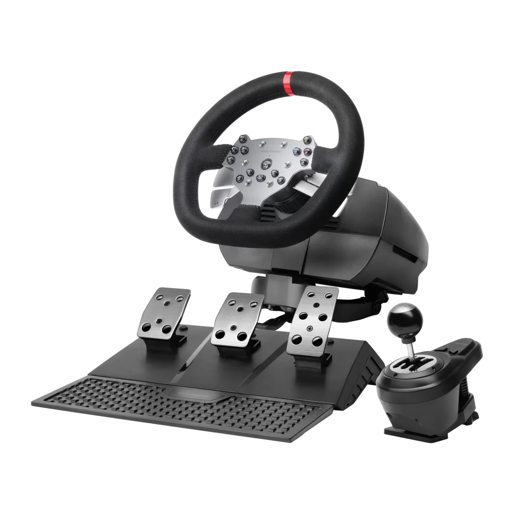 Mars Gaming MWHRSX Negro, kit completo: volante con base, 3 pedales metálicos sobre plataforma y palanca de cambios