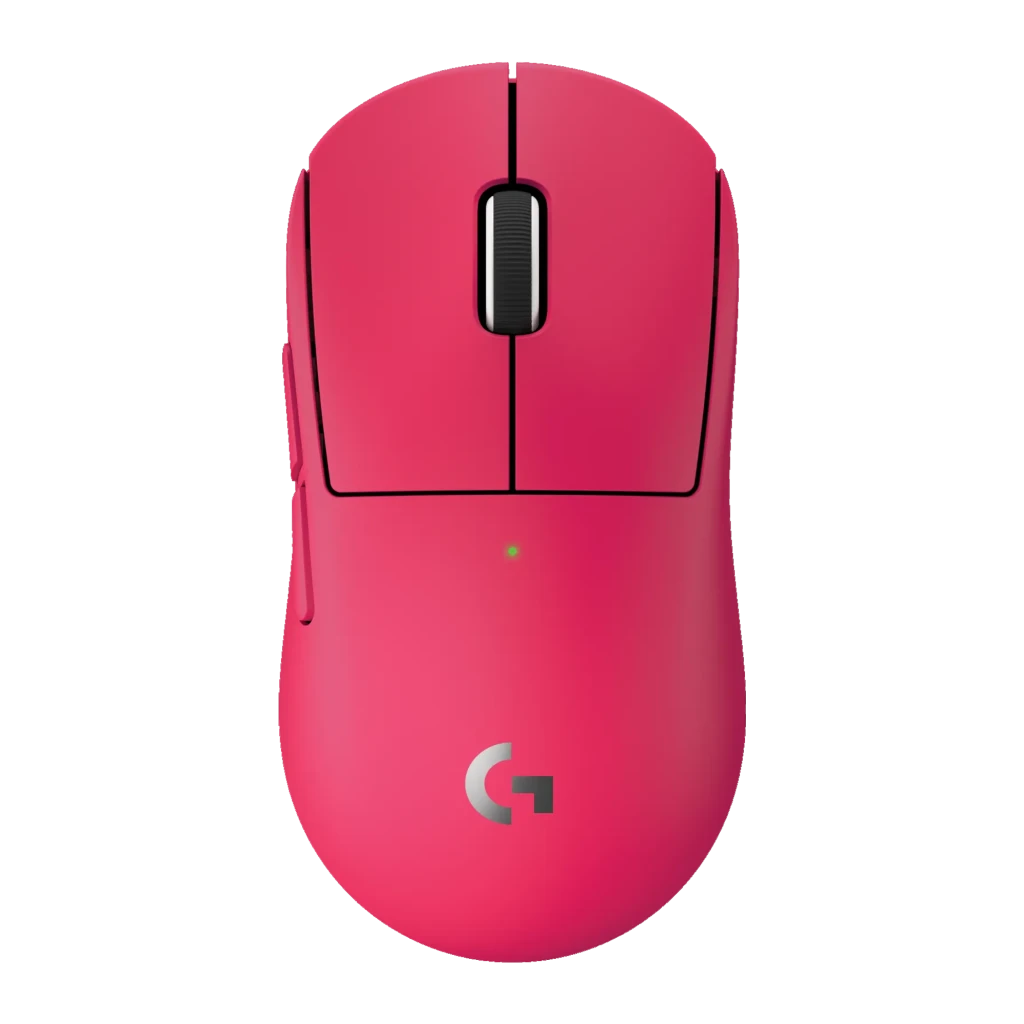 Logitech G Pro X Superlight 2 rosa, vista superior: cuerpo liso, rueda negra central y logo G plateado