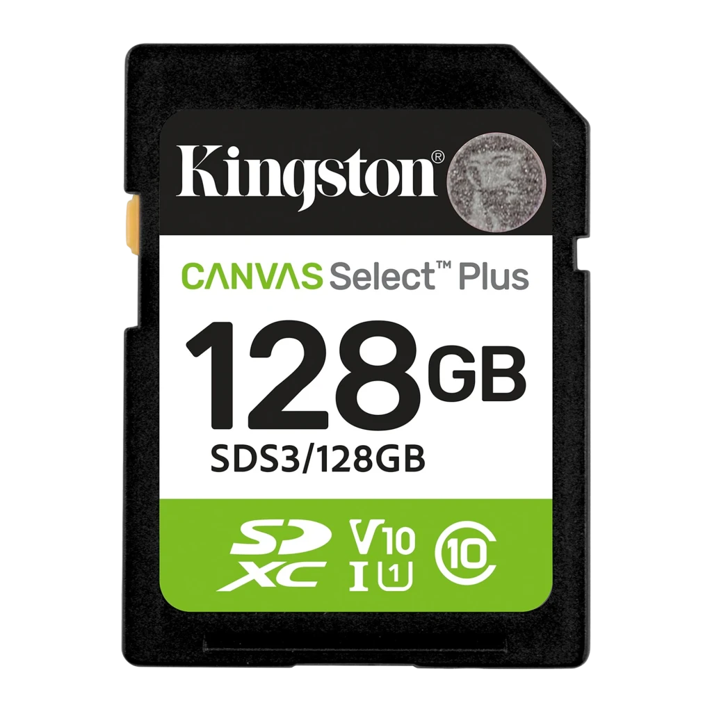 Kingston Canvas Select Plus SDXC 128GB verde negro blanco, vista frontal: etiqueta con capacidad, iconos SDXC V10 U1