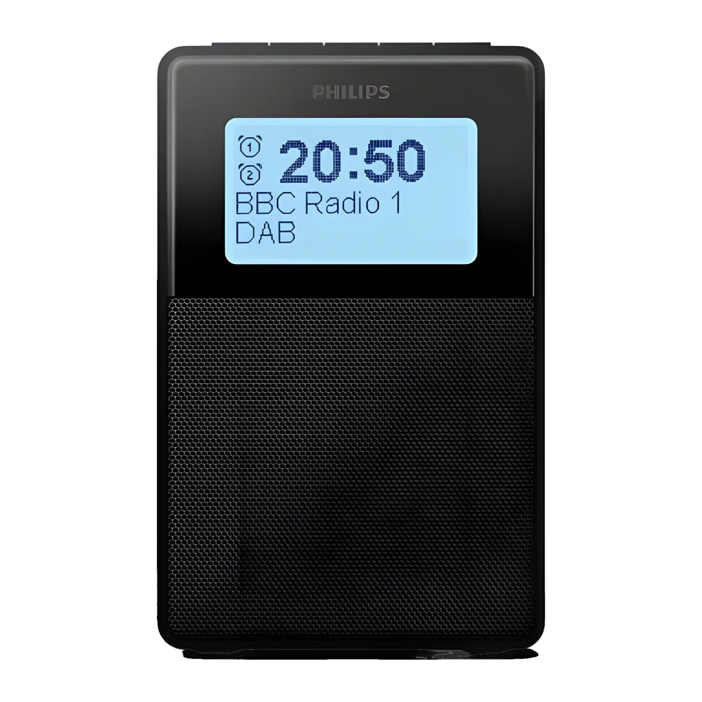 Philips Radio Reloj TAR5100/10 Negro, vista frontal: pantalla LCD con hora 20:50 y BBC Radio 1 DAB, rejilla altavoz