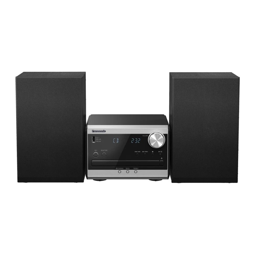 Panasonic Microcadena SC-PM272EG-S Plata, vista frontal: unidad central plateada con display azul, lector CD y dos altavoces
